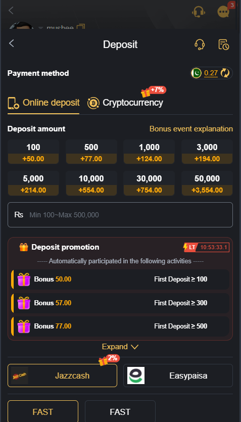 777 PKR deposit