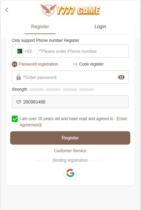 Y777com Game register