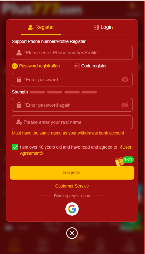 777 plus game register